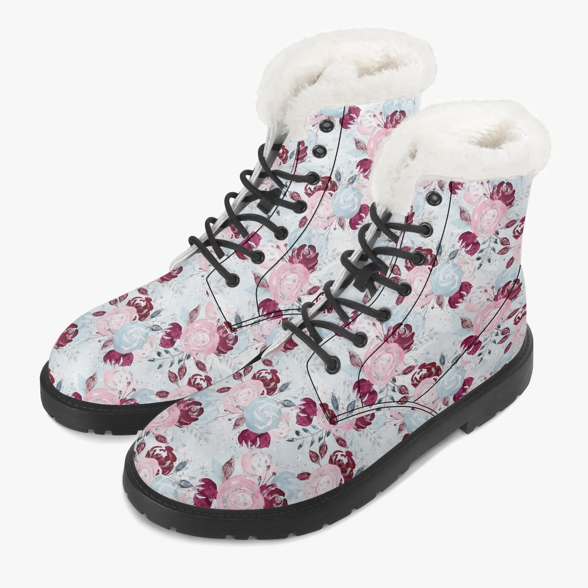 Faux Fur Leather Boots Roses Blue