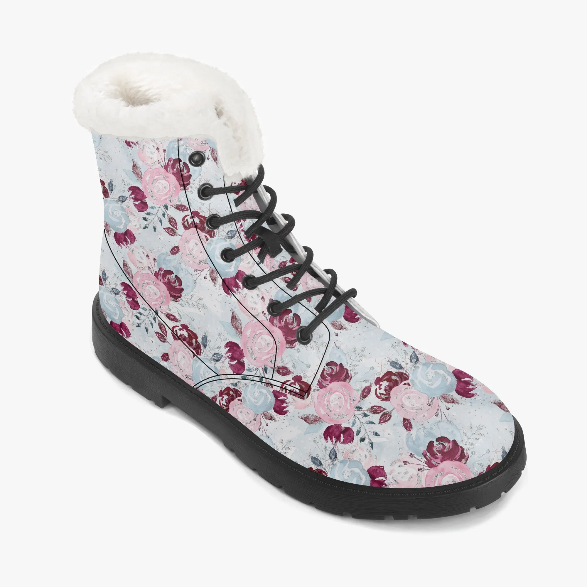 Faux Fur Leather Boots Roses Blue