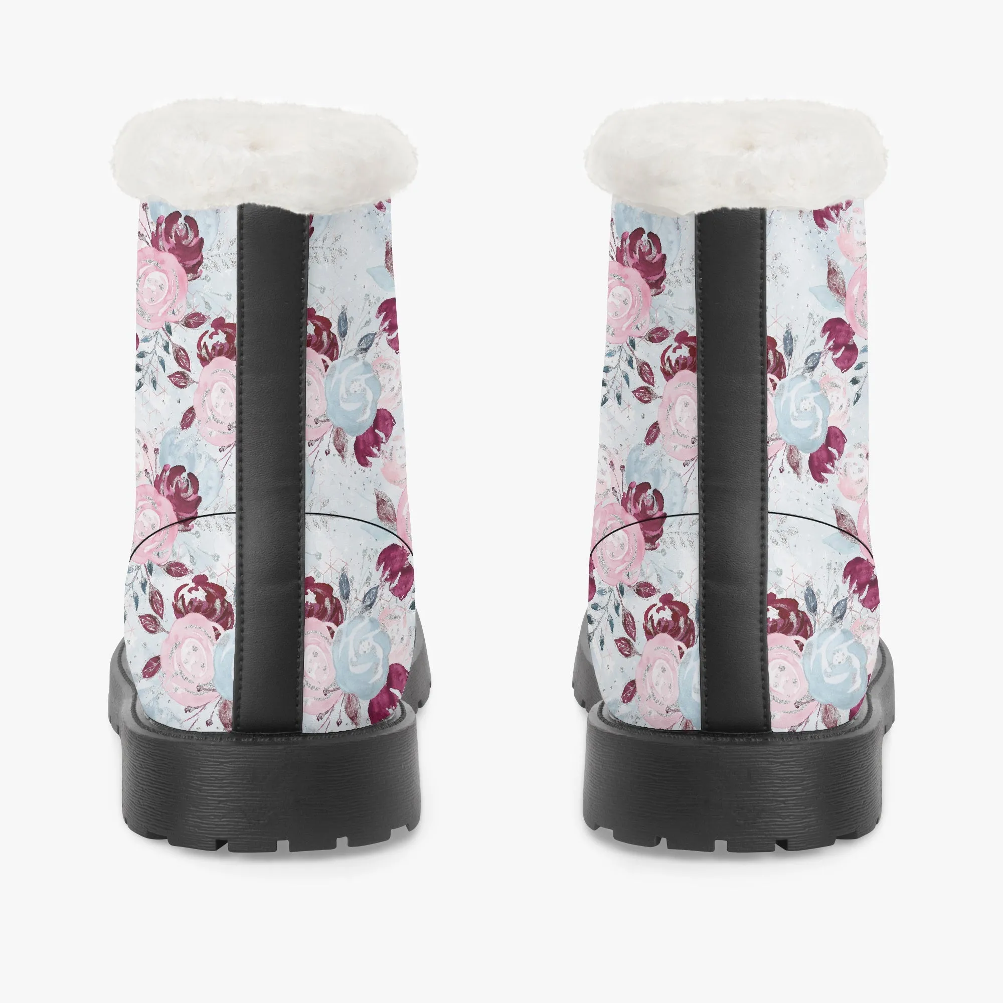 Faux Fur Leather Boots Roses Blue