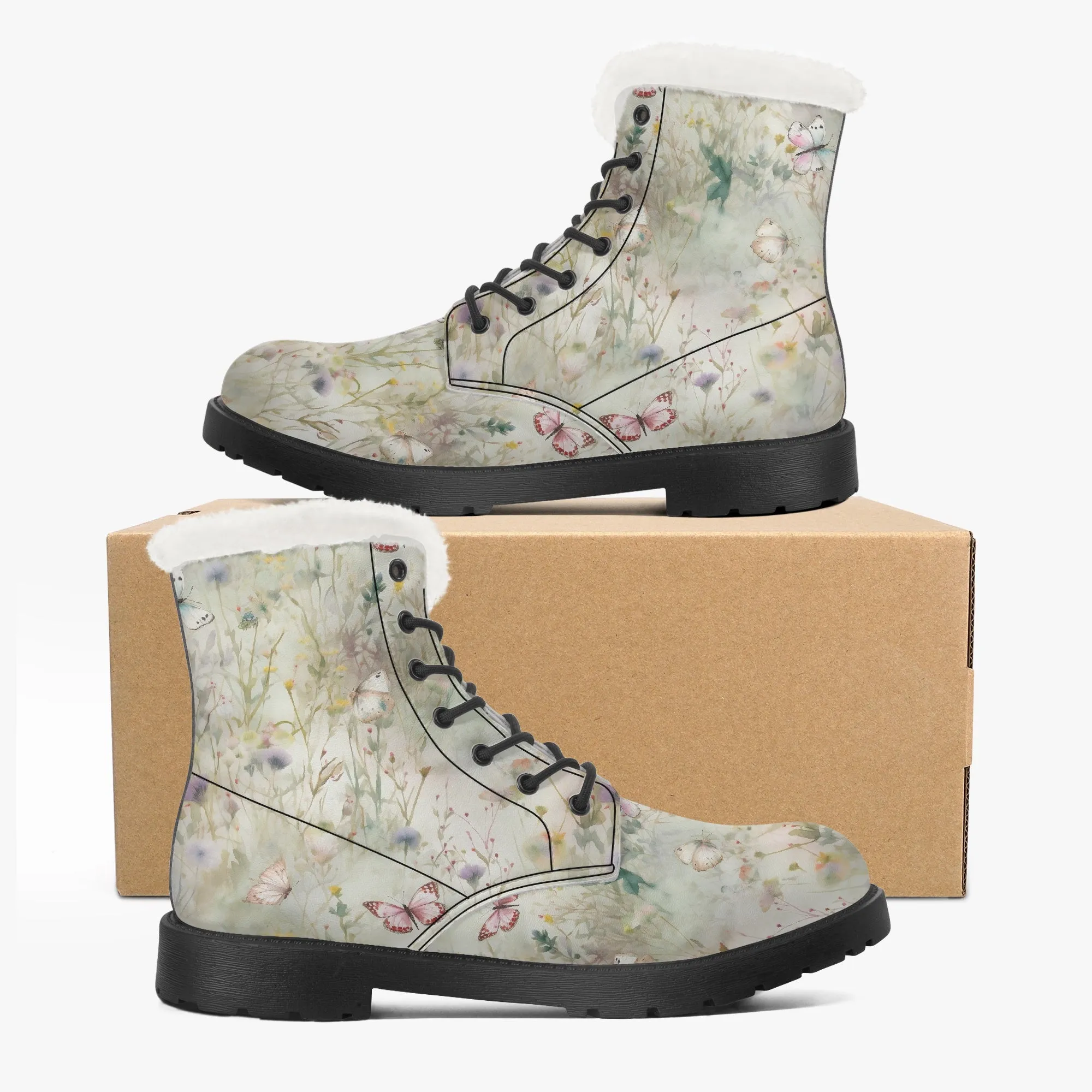 Faux Fur Leather Boots Wildflowers and Butterflies