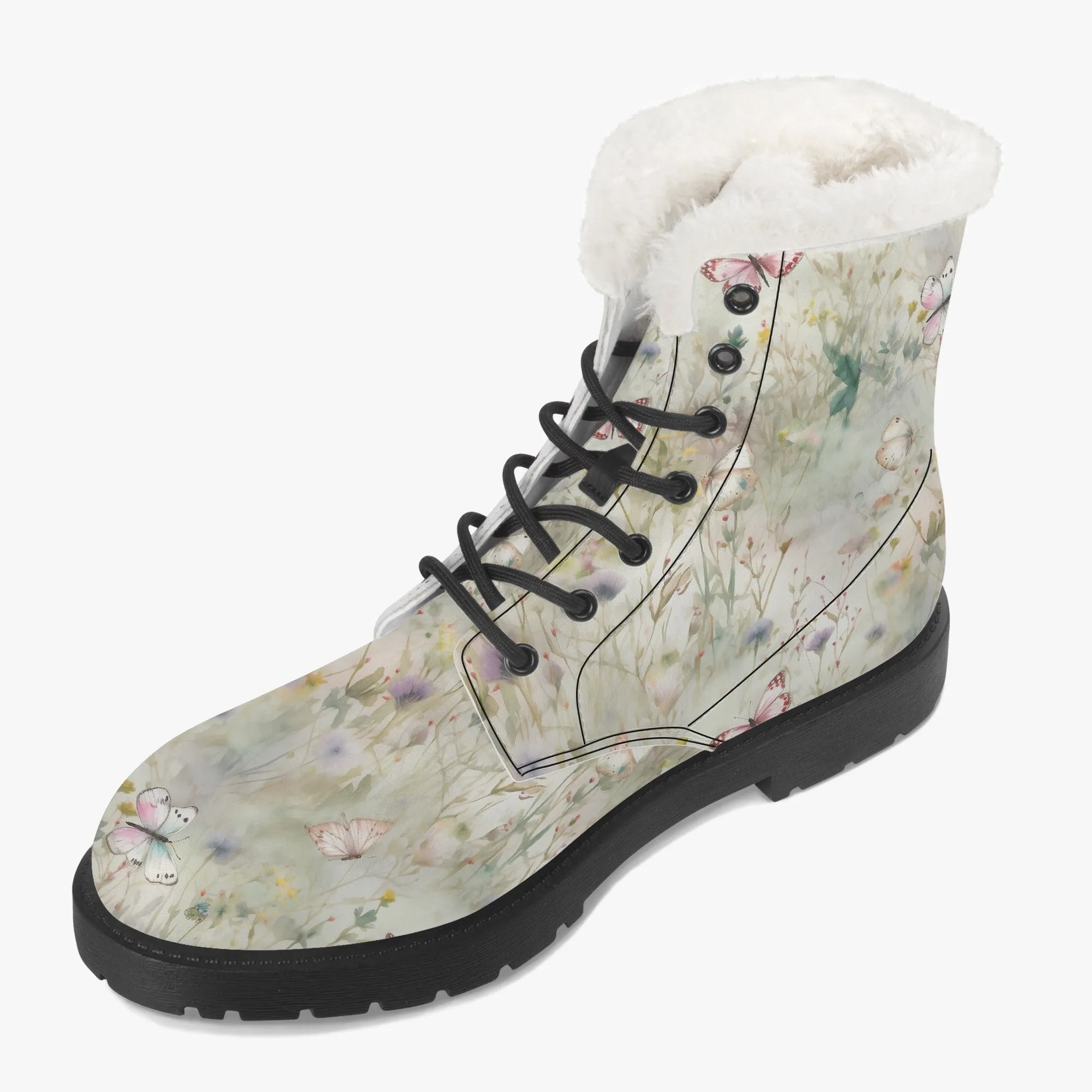 Faux Fur Leather Boots Wildflowers and Butterflies