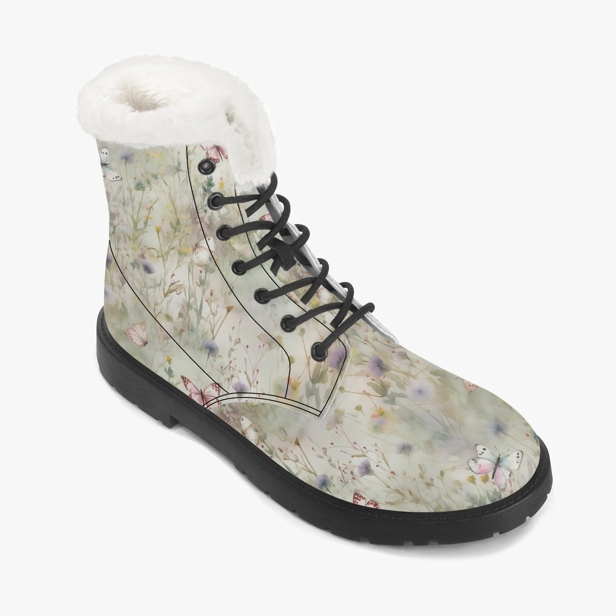 Faux Fur Leather Boots Wildflowers and Butterflies