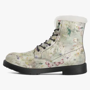 Faux Fur Leather Boots Wildflowers and Butterflies