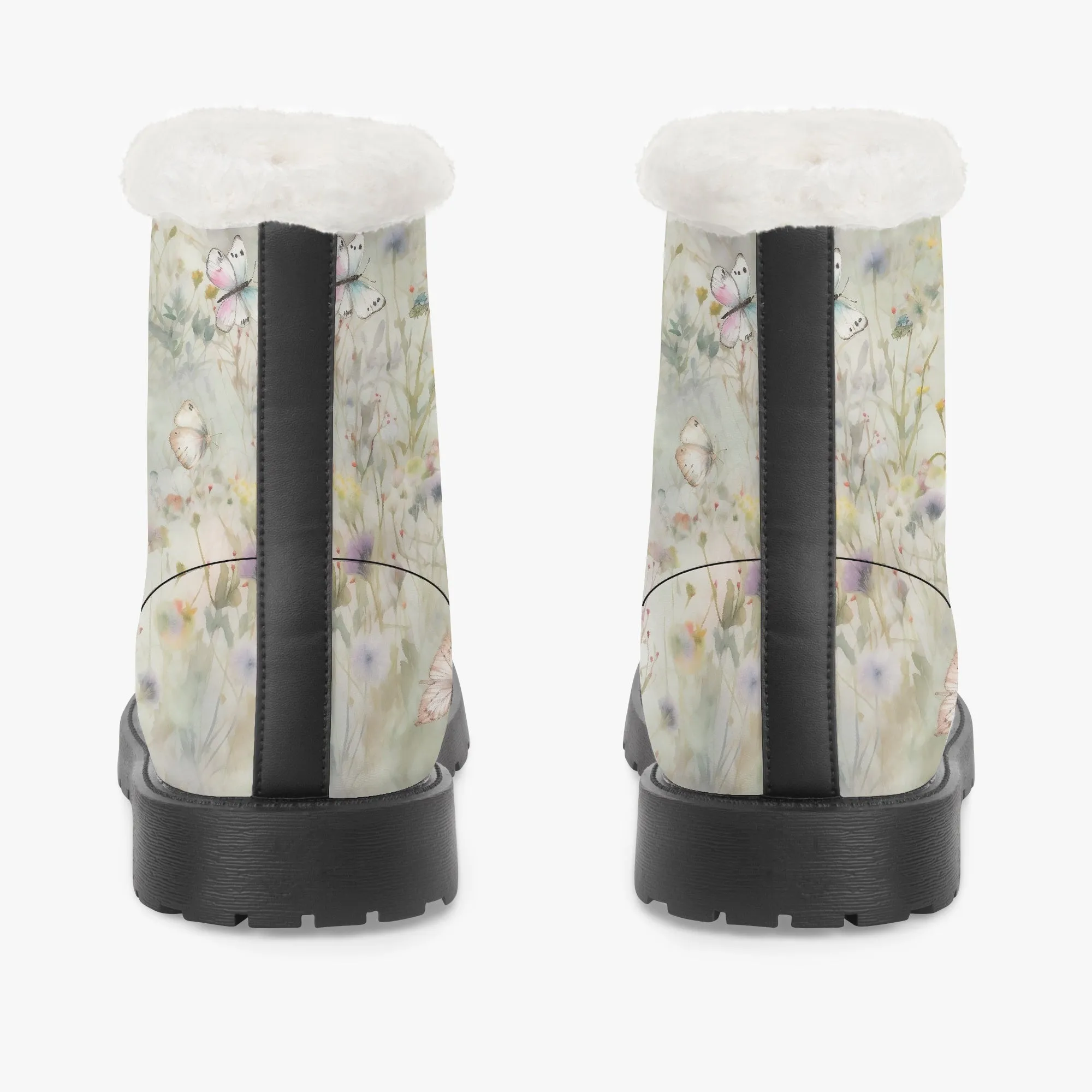 Faux Fur Leather Boots Wildflowers and Butterflies