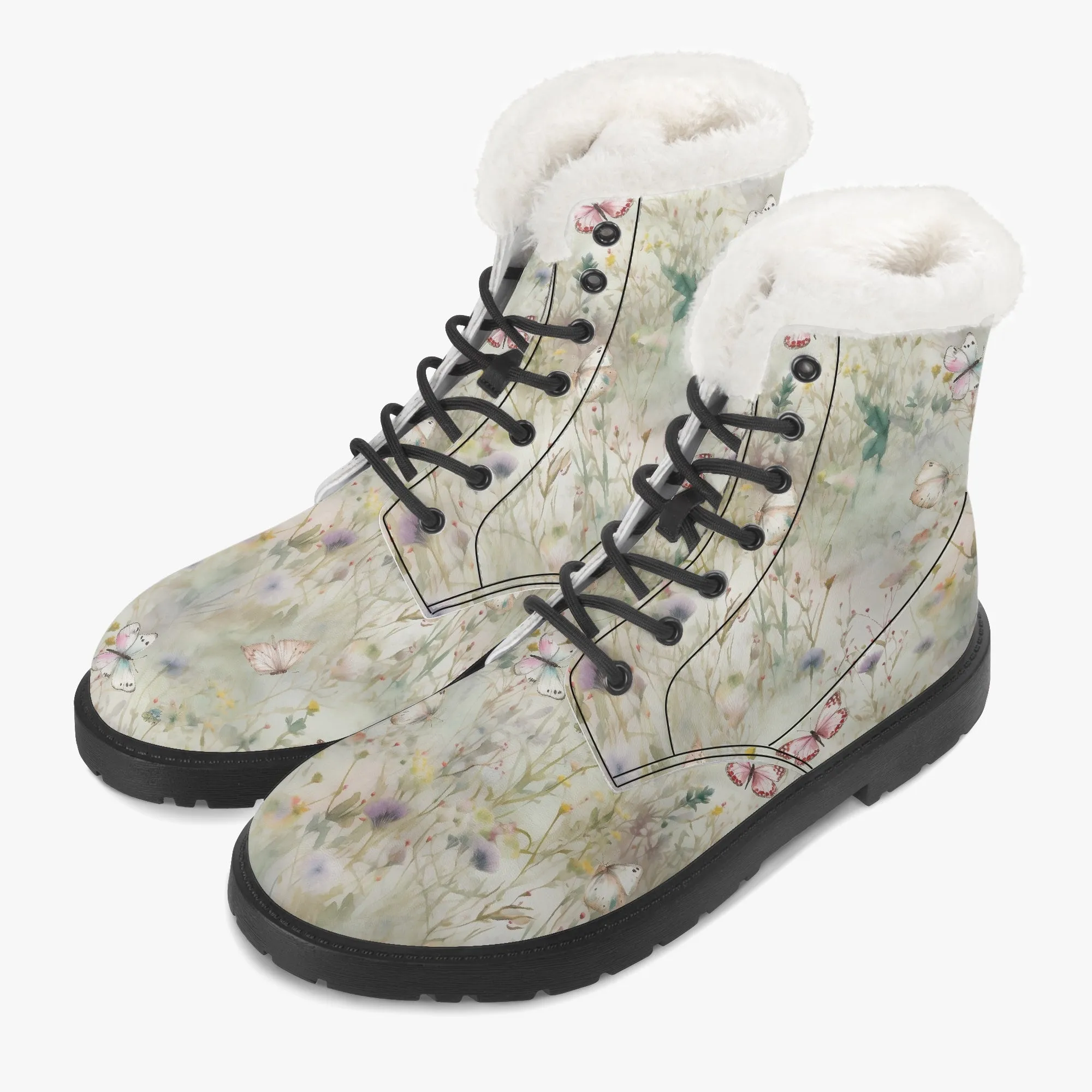 Faux Fur Leather Boots Wildflowers and Butterflies