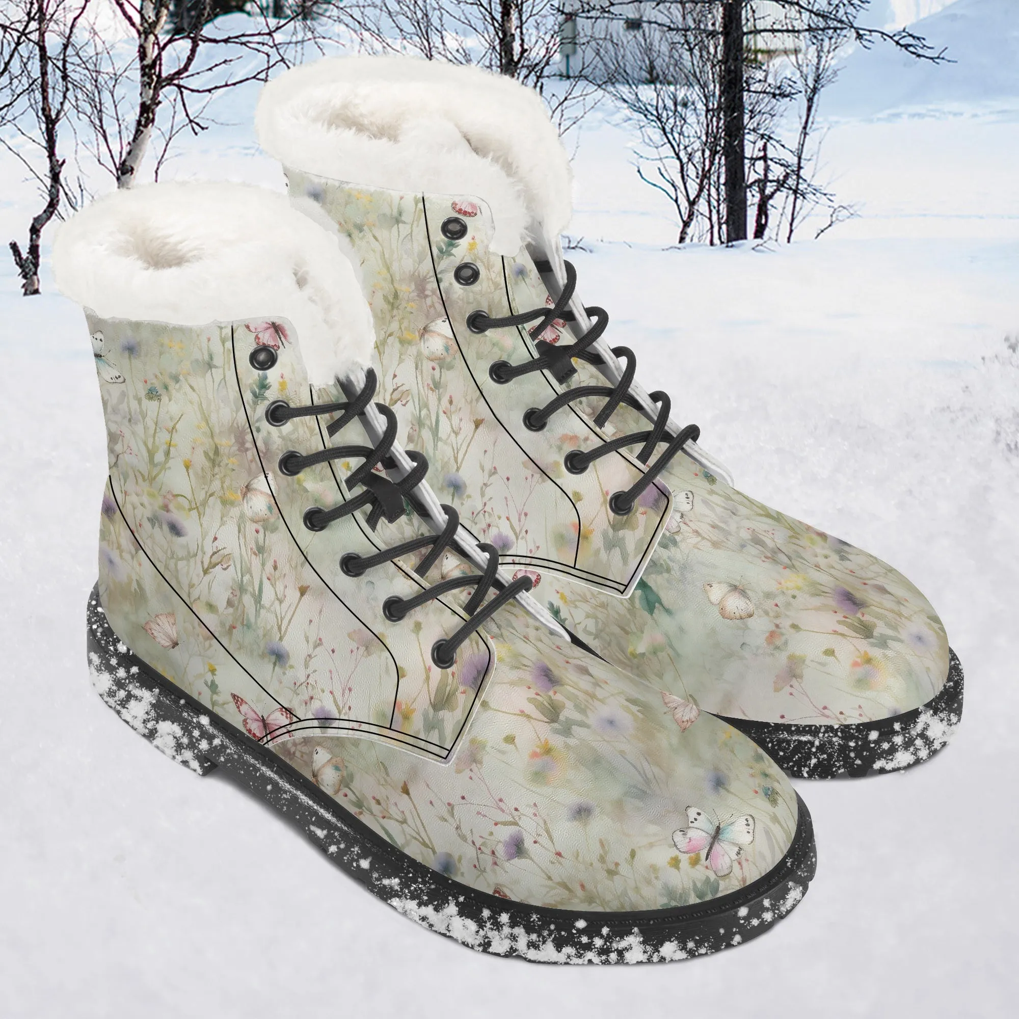 Faux Fur Leather Boots Wildflowers and Butterflies