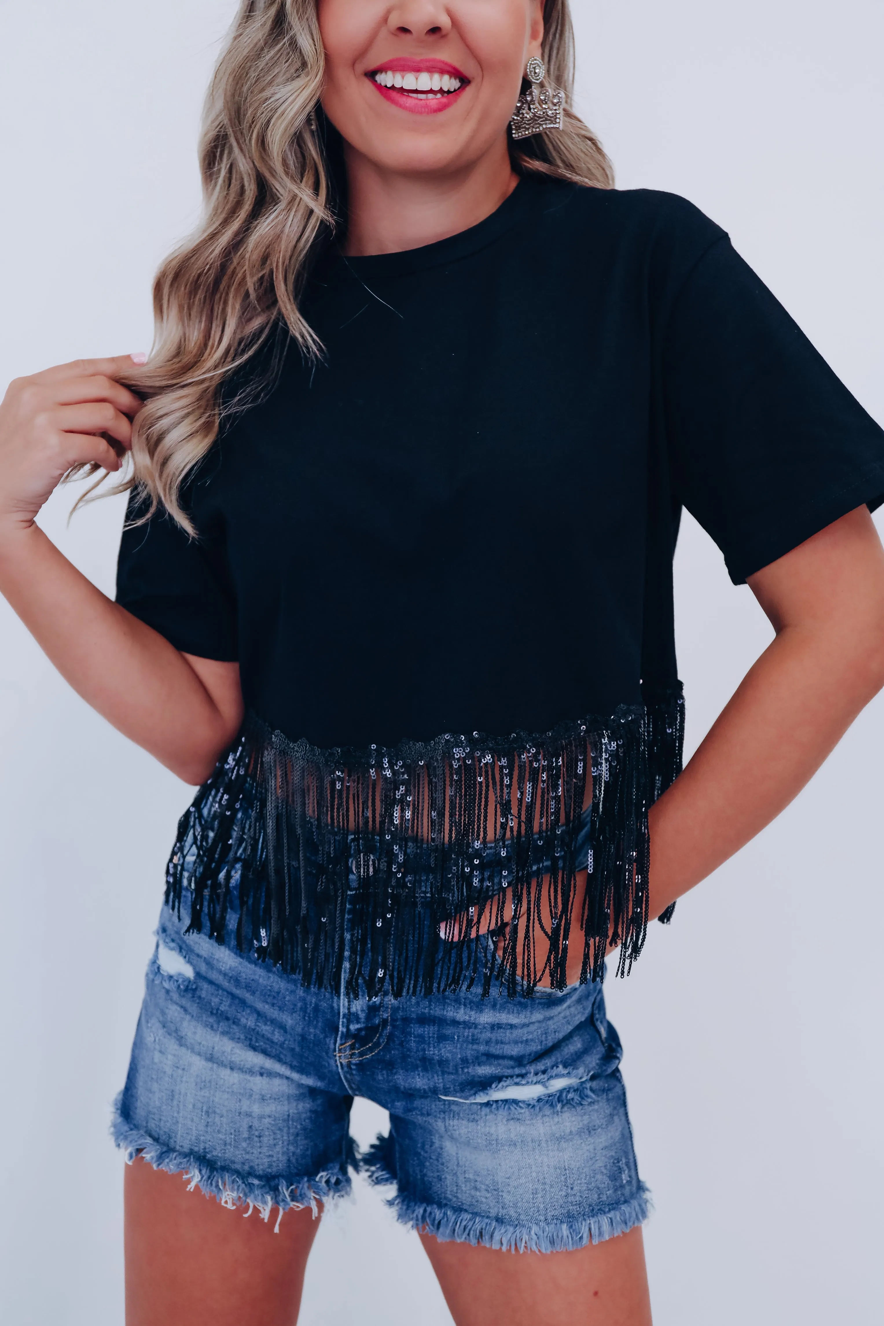 Fringe Trend Sequin  Crop Top - Black