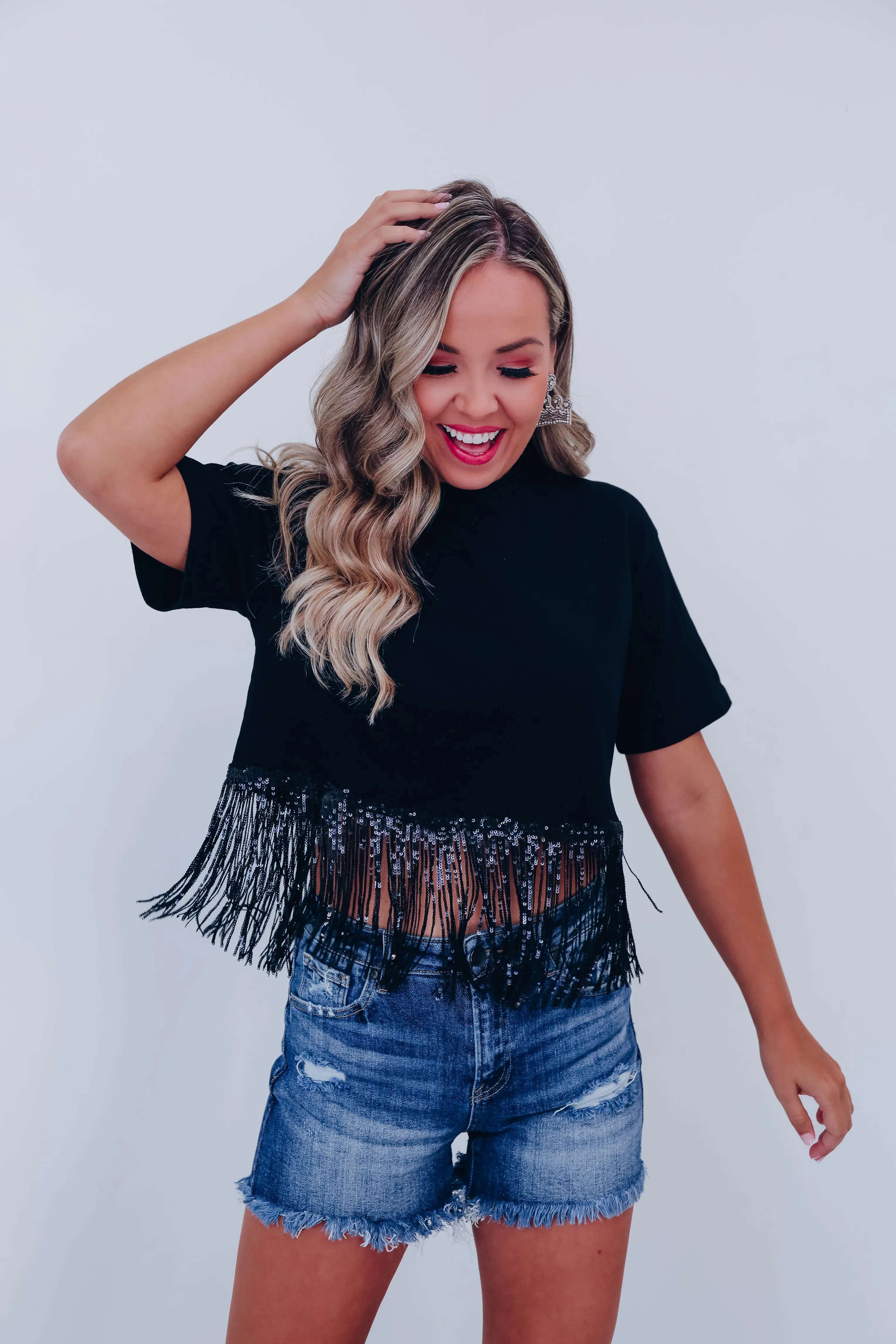 Fringe Trend Sequin  Crop Top - Black