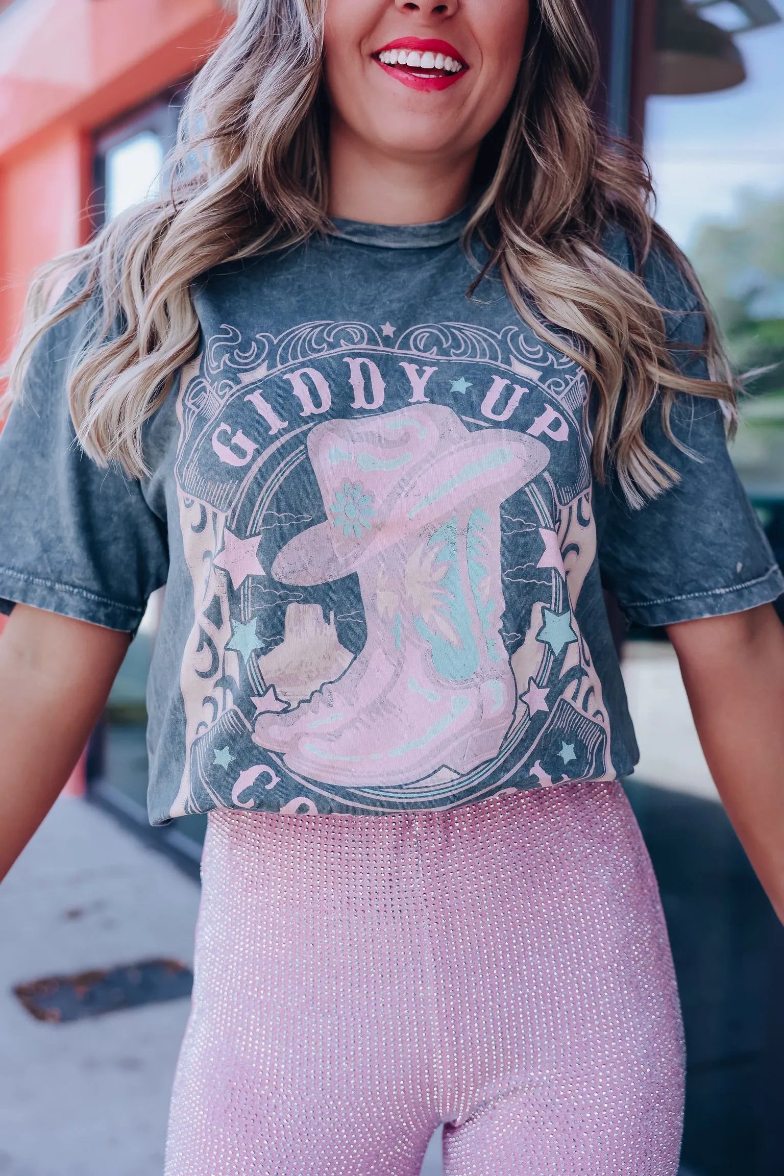 Giddy Up Cowgirl Graphic Tee - Stone Gray