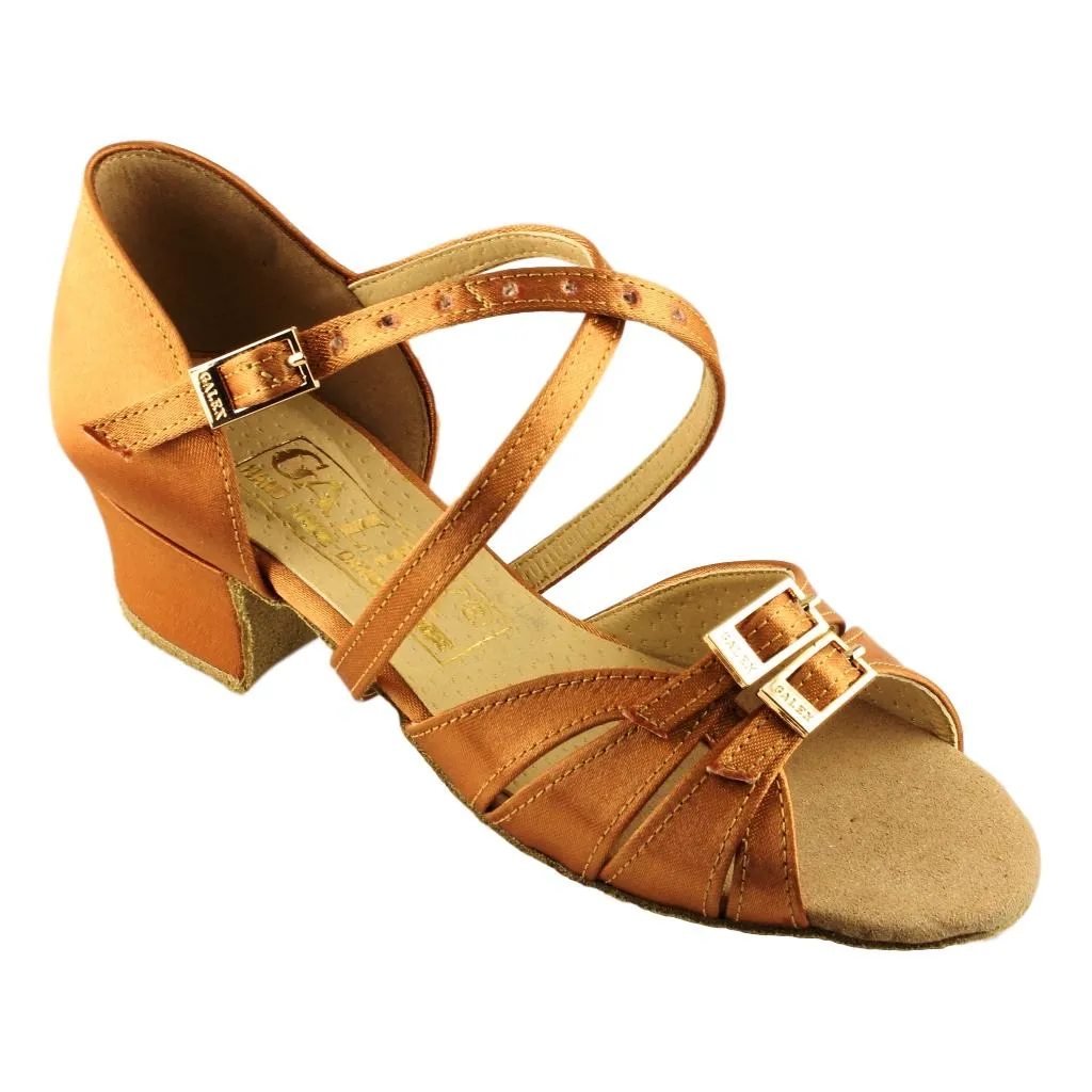 Girls' Latin Dance Shoes, 3066 Tatiana, Tan Satin, Block Heel