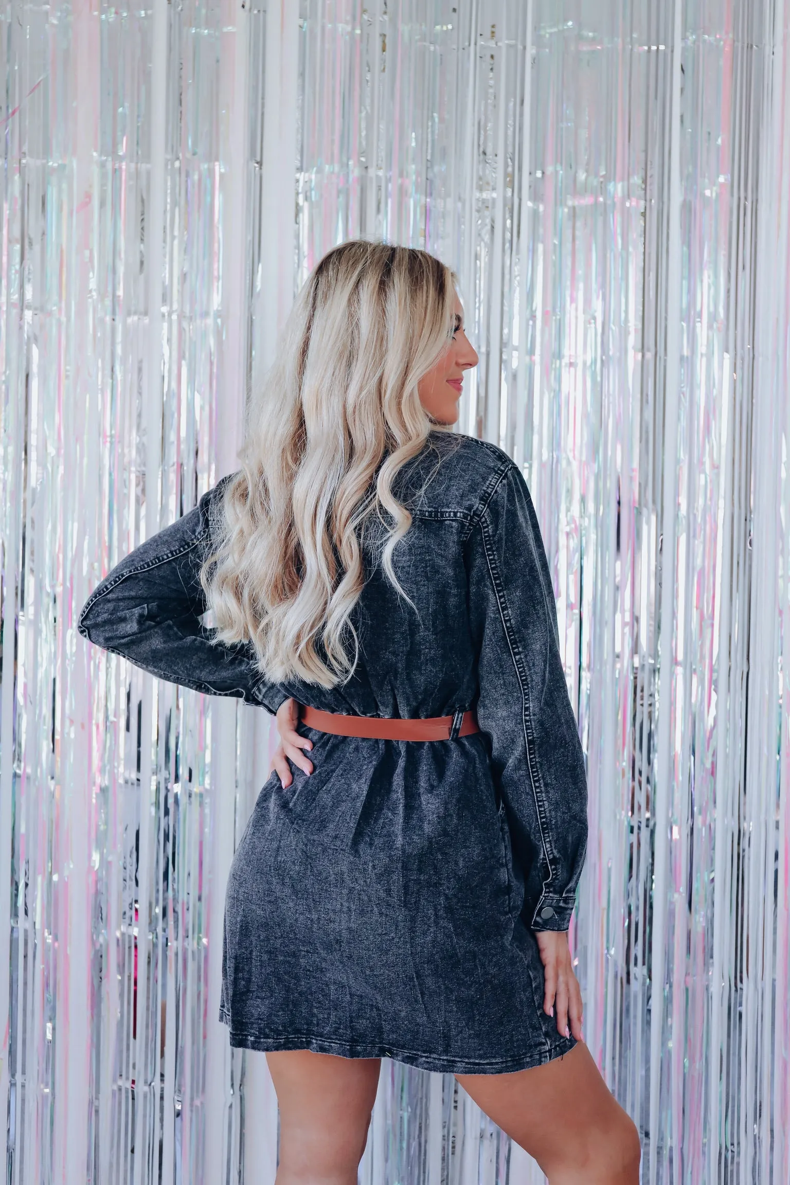 Lavina Pocketed Denim Shirt Dress - Black