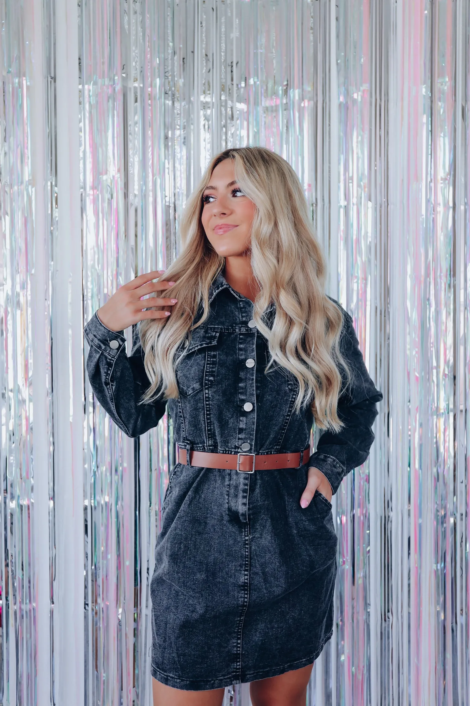Lavina Pocketed Denim Shirt Dress - Black