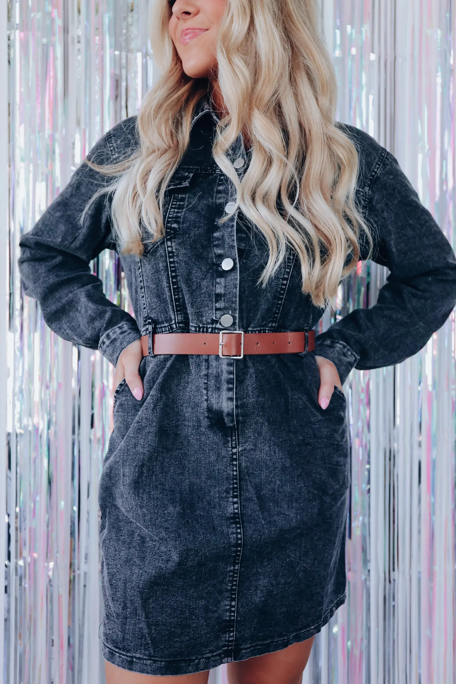 Lavina Pocketed Denim Shirt Dress - Black
