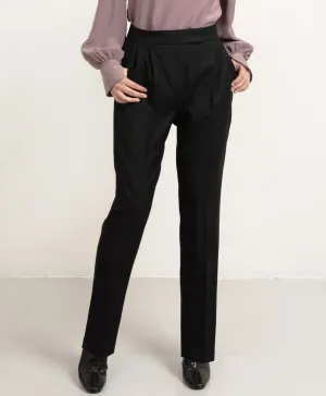 Long Pleated Wool Trousers Black