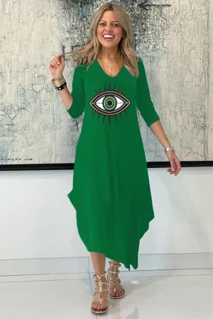 Long Sleeves Total Comfort Dress - Green/Evil Eye