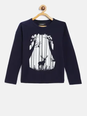 Navy Jungle And Deer Printed Cotton T-shirt