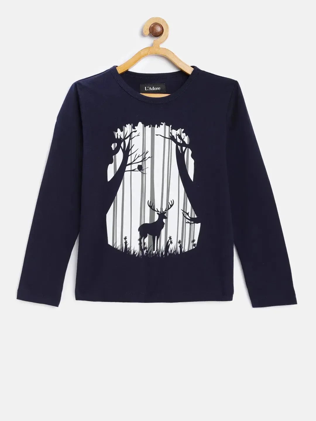 Navy Jungle And Deer Printed Cotton T-shirt