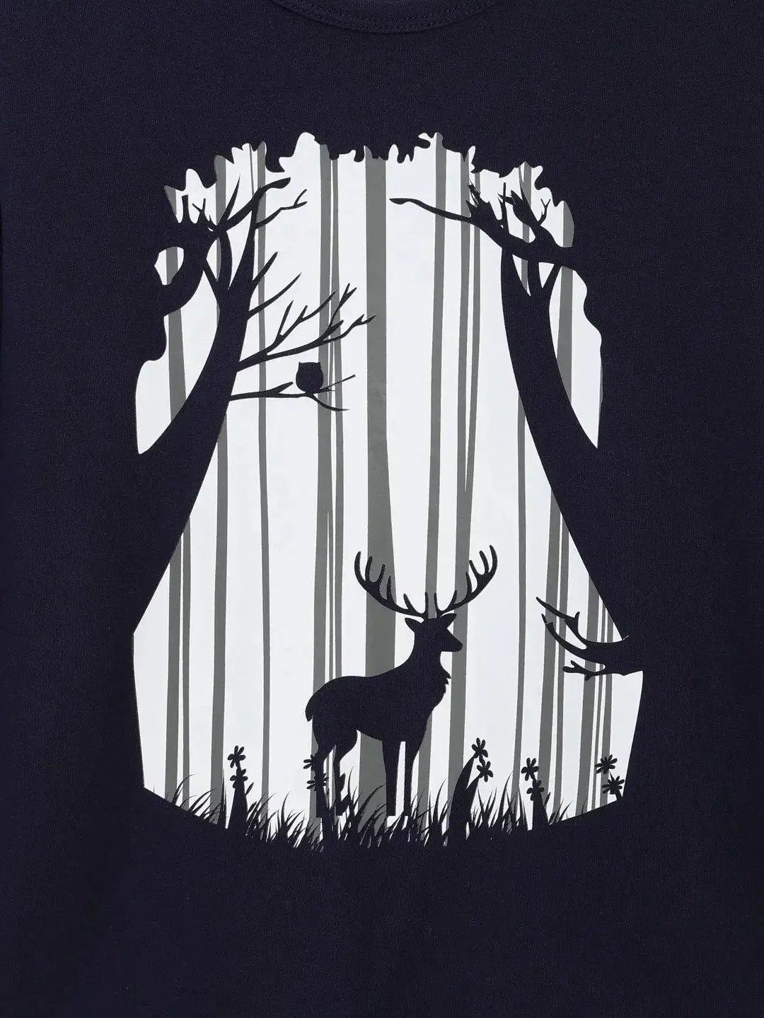 Navy Jungle And Deer Printed Cotton T-shirt