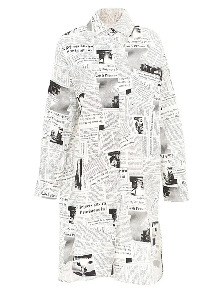 Newspaper Print Maxi Shirt Dress - Button-Up Oversized Longline Blouse with Collar