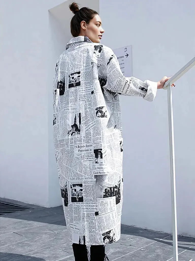 Newspaper Print Maxi Shirt Dress - Button-Up Oversized Longline Blouse with Collar