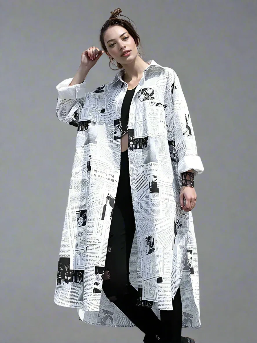 Newspaper Print Maxi Shirt Dress - Button-Up Oversized Longline Blouse with Collar