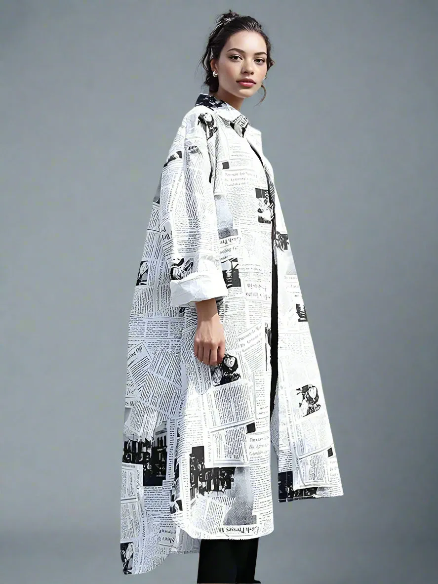 Newspaper Print Maxi Shirt Dress - Button-Up Oversized Longline Blouse with Collar