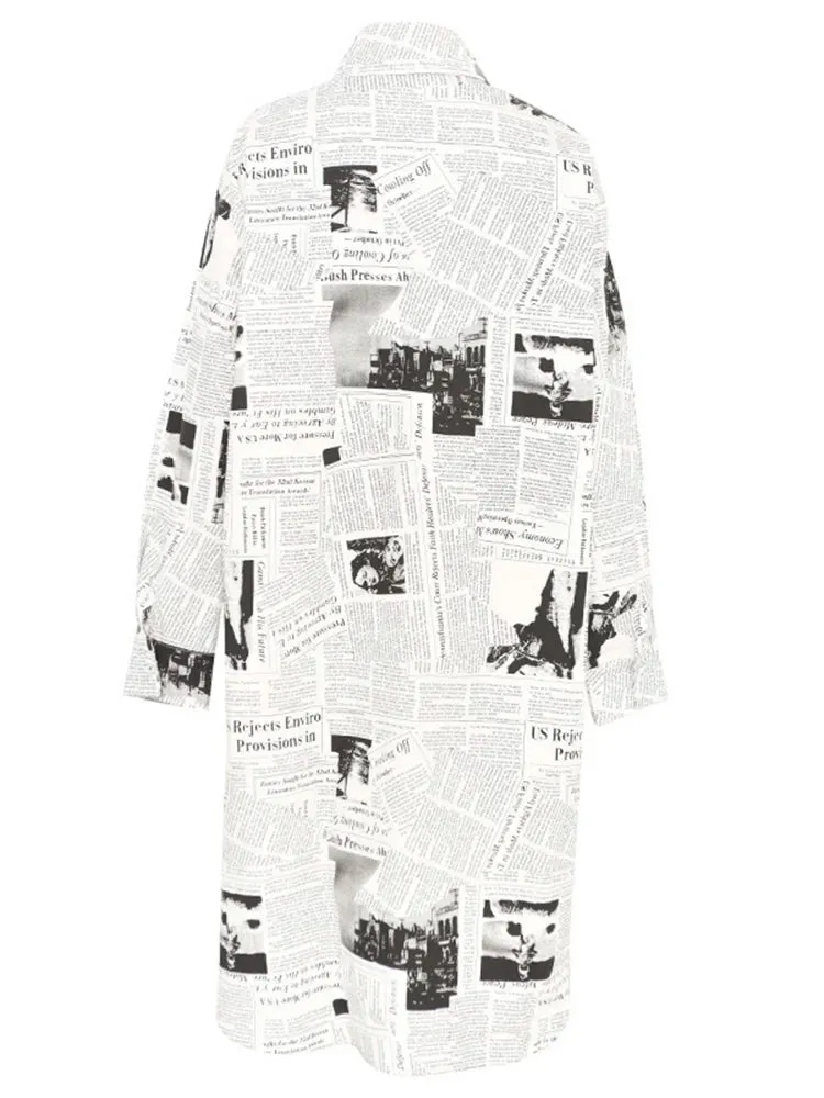 Newspaper Print Maxi Shirt Dress - Button-Up Oversized Longline Blouse with Collar