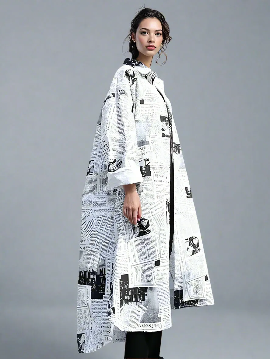 Newspaper Print Maxi Shirt Dress - Button-Up Oversized Longline Blouse with Collar