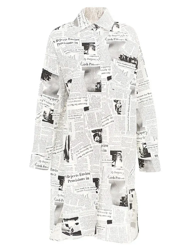 Newspaper Print Maxi Shirt Dress - Button-Up Oversized Longline Blouse with Collar