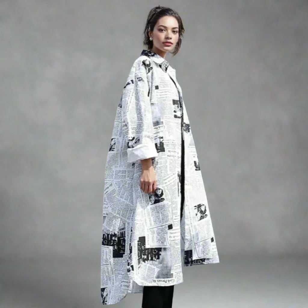 Newspaper Print Maxi Shirt Dress - Button-Up Oversized Longline Blouse with Collar