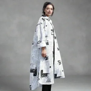 Newspaper Print Maxi Shirt Dress - Button-Up Oversized Longline Blouse with Collar
