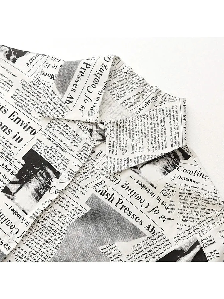 Newspaper Print Maxi Shirt Dress - Button-Up Oversized Longline Blouse with Collar