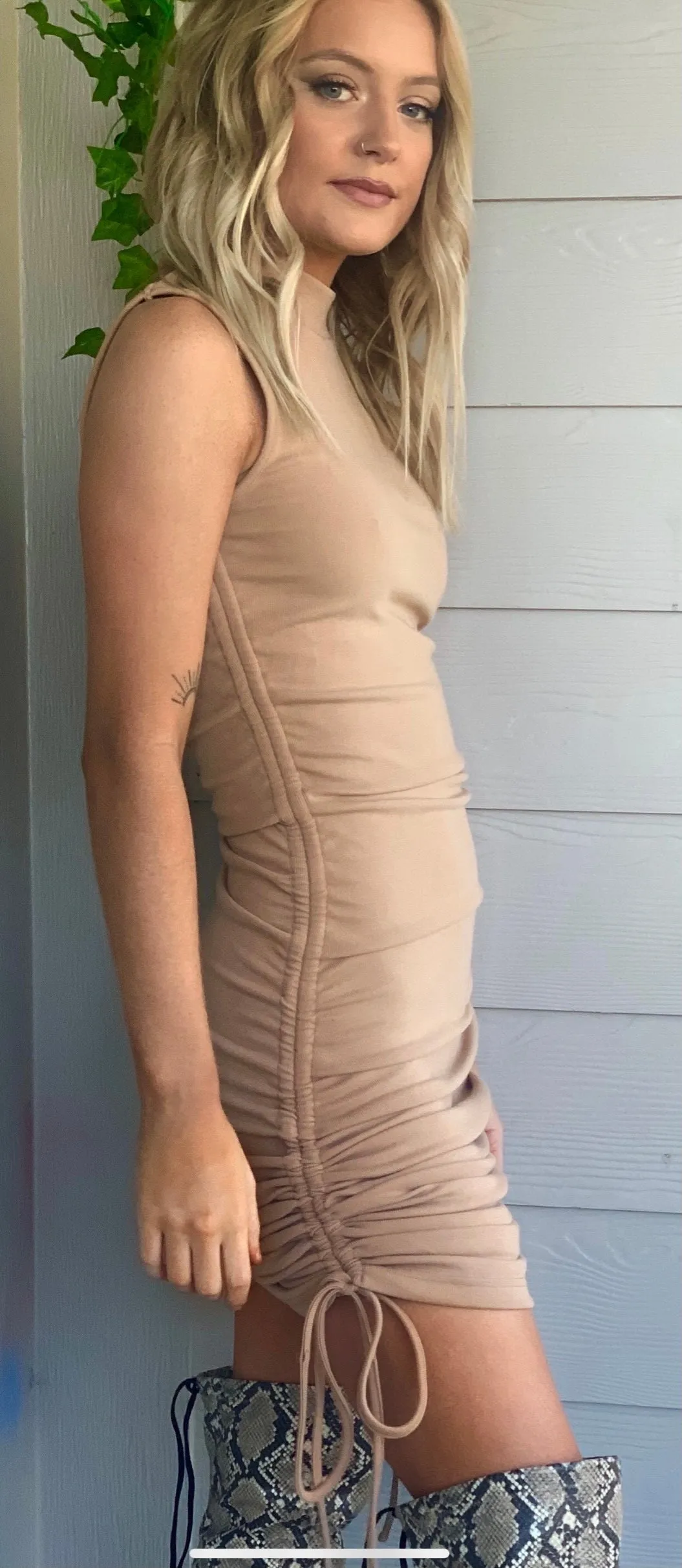 Night Out Side Ruched Mock Neck Rib Dress