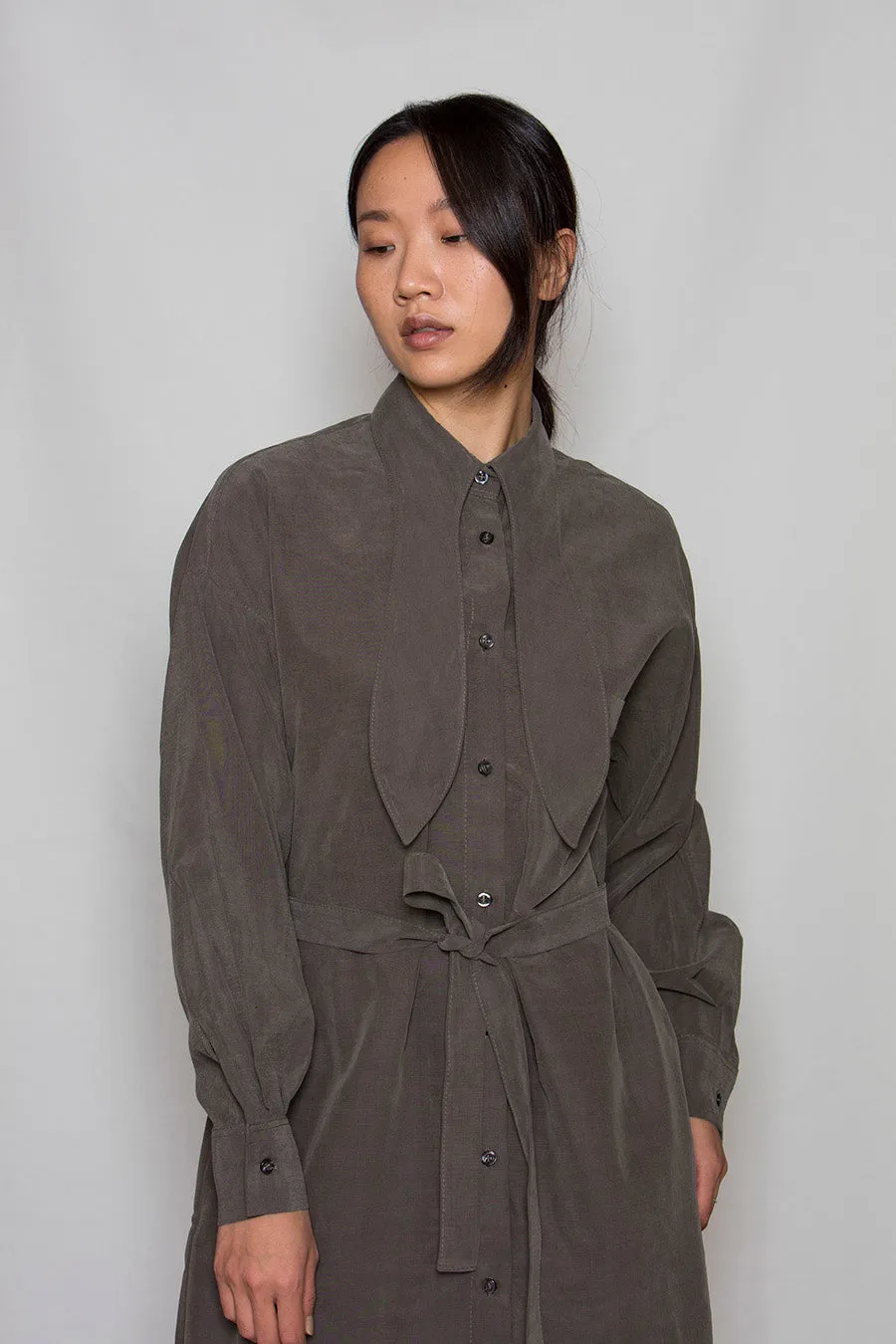 OM Shirt Dress With Bow Tie Collar