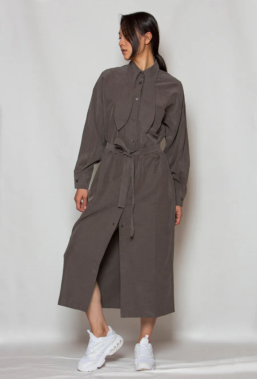 OM Shirt Dress With Bow Tie Collar