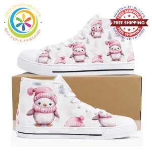 Pink Holiday Penguins Ladies High Top Canvas Shoes
