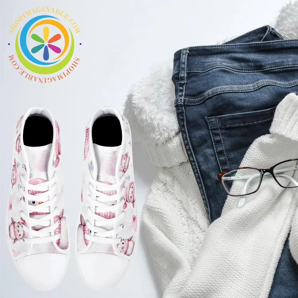 Pink Holiday Penguins Ladies High Top Canvas Shoes