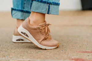 Skechers: Uno Sneaker in Rose Gold Glitter Bomb