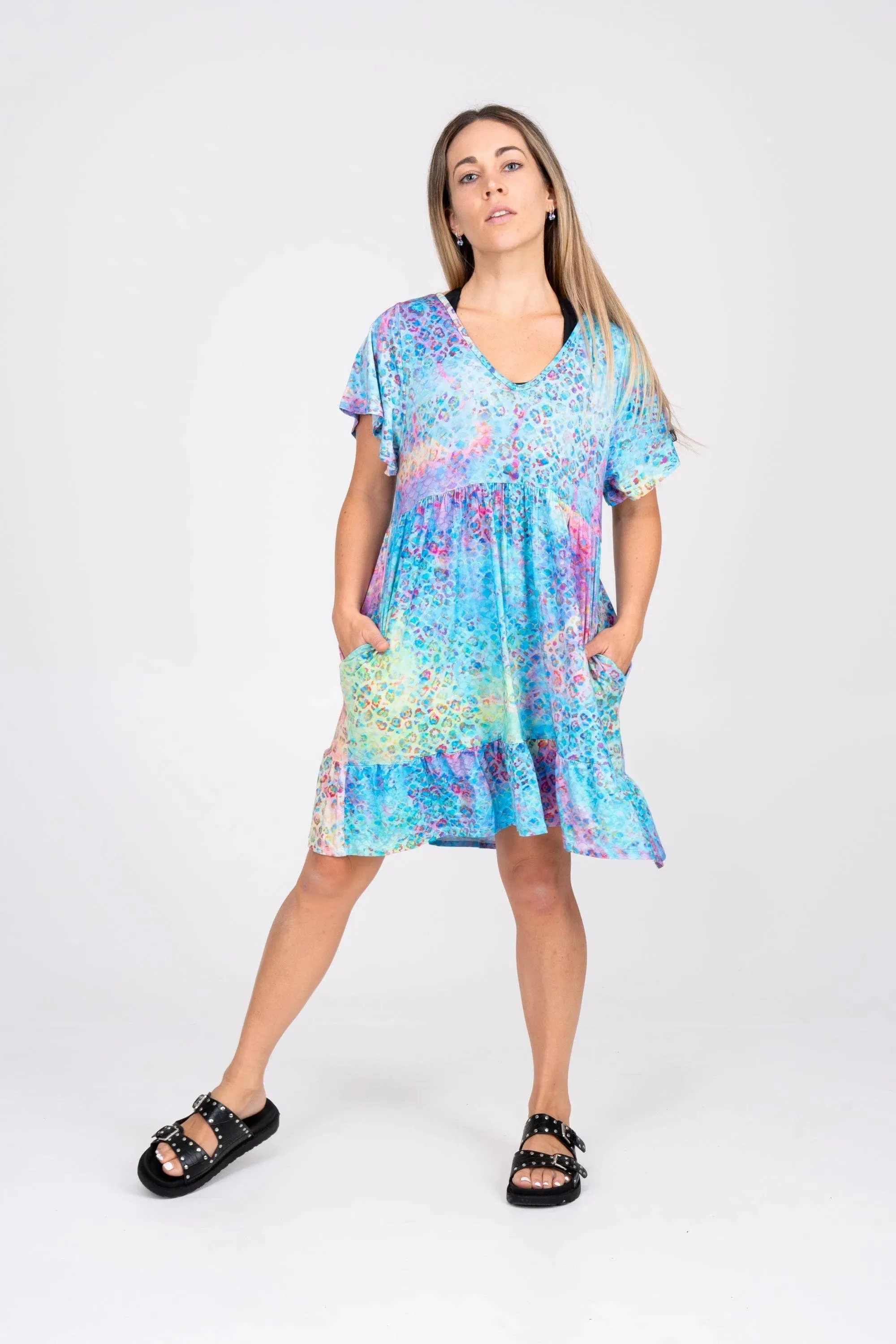 Slinky To Touch Baby Doll V Neck Tiered Mini Dress - Mermaid Jag