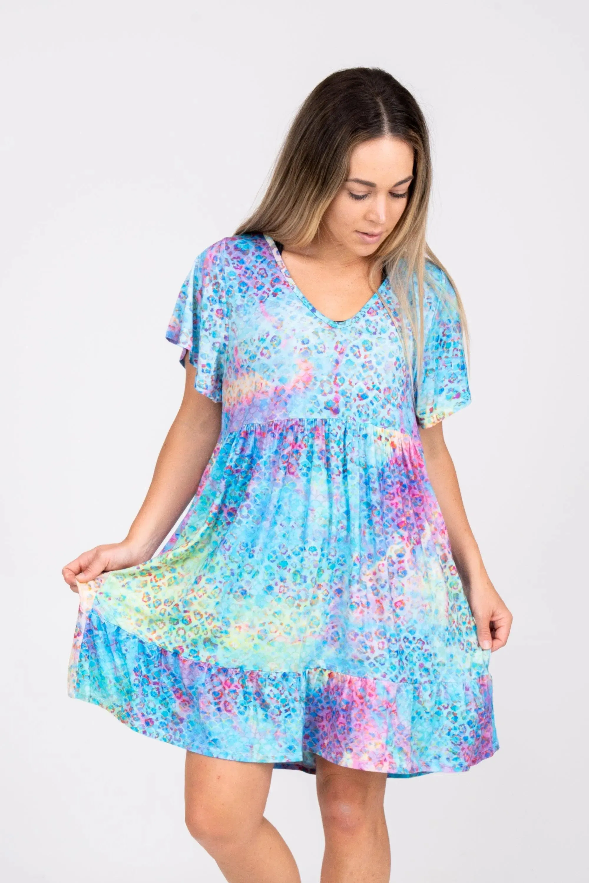 Slinky To Touch Baby Doll V Neck Tiered Mini Dress - Mermaid Jag