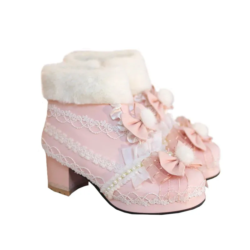 Uniwim Original Lolita Cute Plush Ball Plush Warm Short Boots Lolita Shoes Sweet PU Girls' Shoes