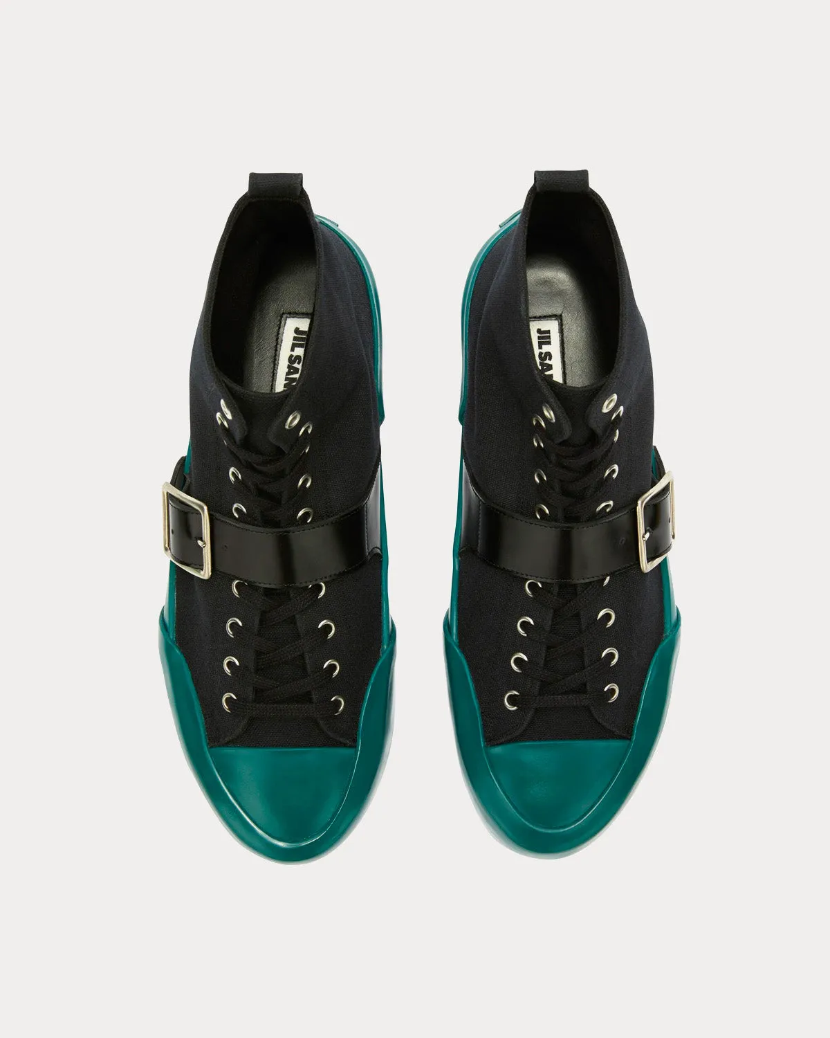Vulcanised Rubber & Canvas Buckle Black / Turquoise High Top Sneakers