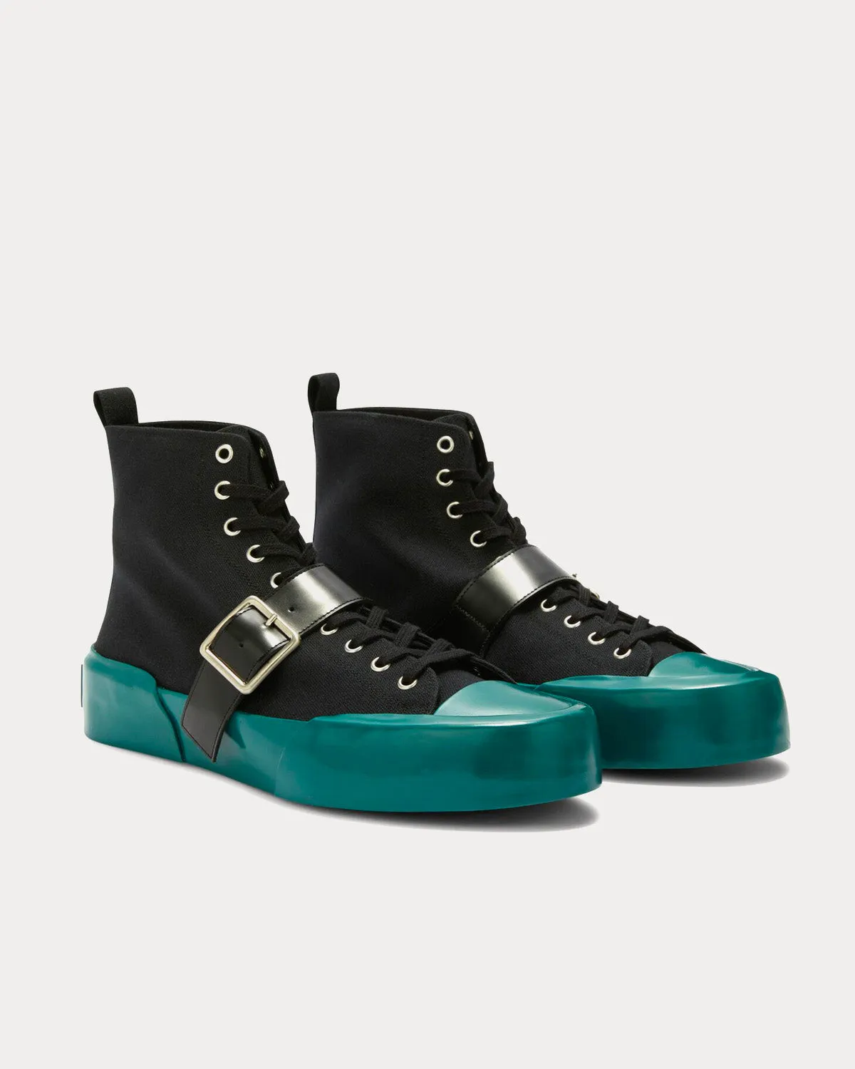 Vulcanised Rubber & Canvas Buckle Black / Turquoise High Top Sneakers