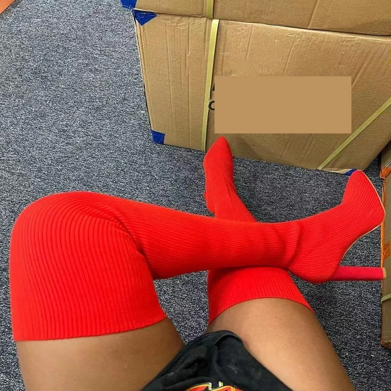 Winter thigh high sock knit boots