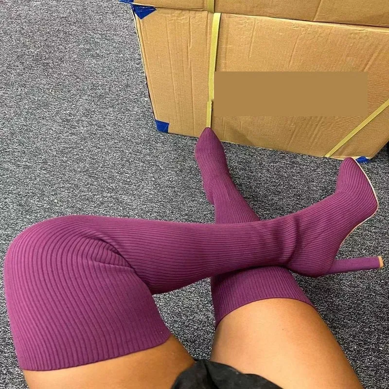Winter thigh high sock knit boots