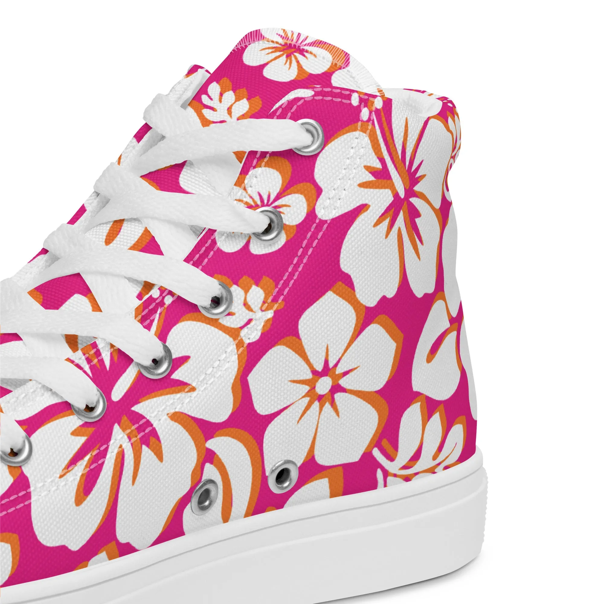 Women's Hot Pink, White and Orange Hawaiian Print  High Top Canvas Shoes