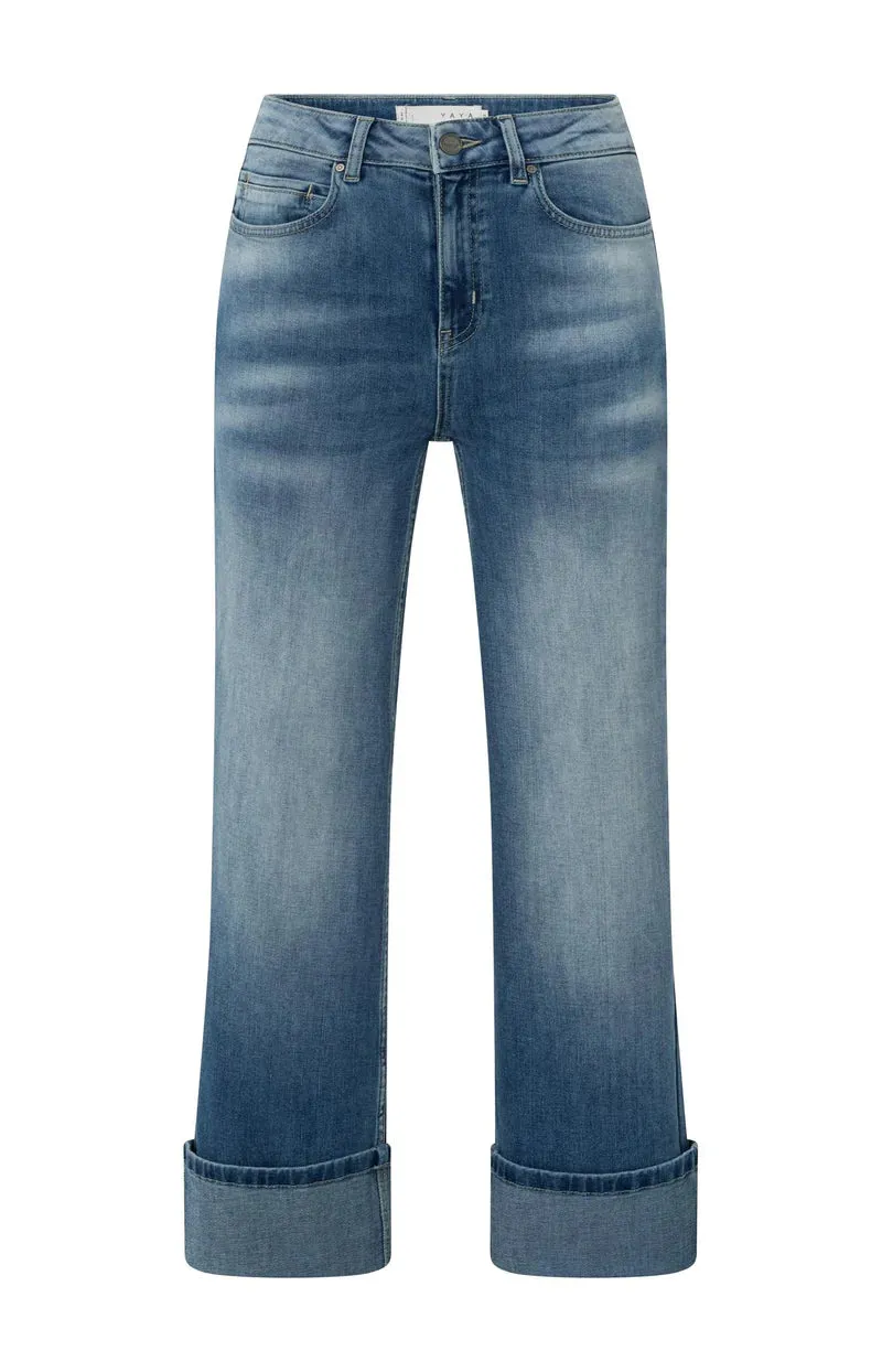 YAYA - Mid Waist Jeans with Rolled-Up Hem in Blue Denim
